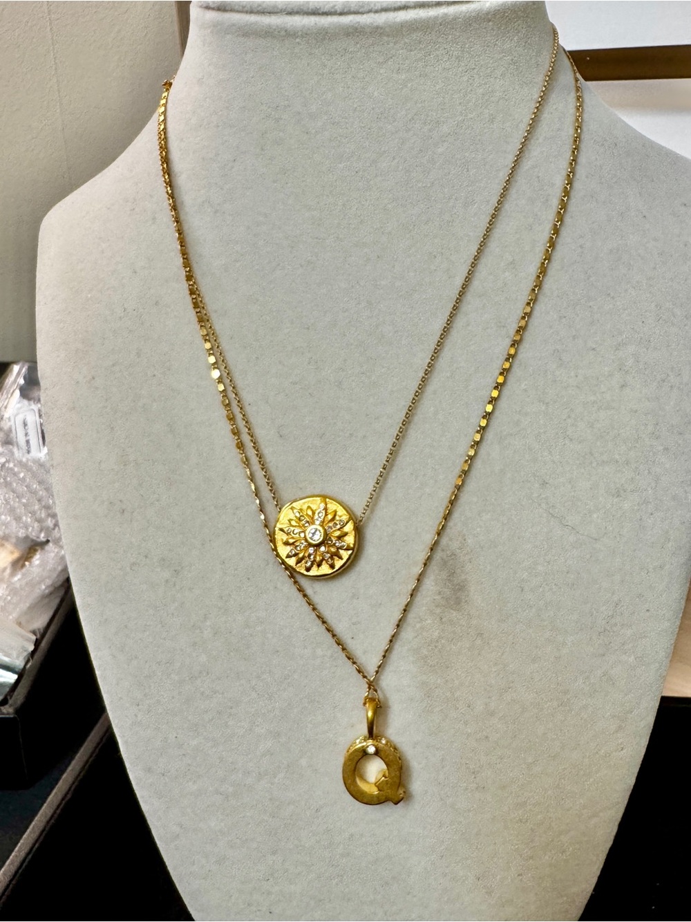 Gold Double-Layer Pendant Necklace with Sunburst Medallion and Initial Q - Gold